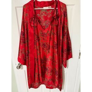 Solange Vintage Red Floral Paisley Satin Robe and Nightgown Set Plus Size 18/20